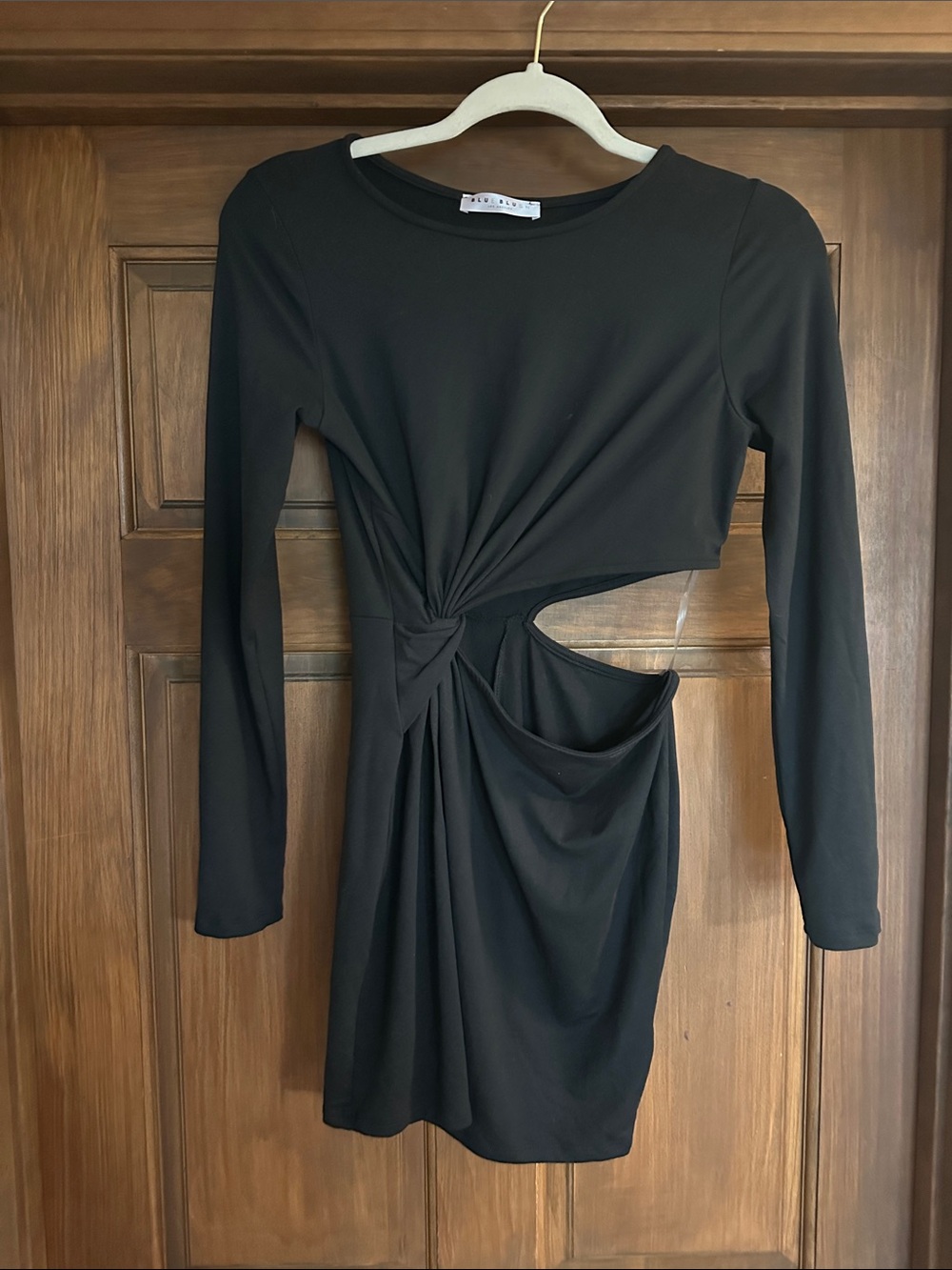 Black Knotted Long-Sleeve Mini Dress with Side Cutout